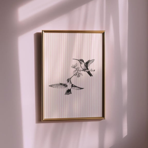 Vintage Hummingbird Print Pink Striped Wall Art Of Two Hummingbirds Rustic Girl Nursery Decor Sketched Cottagecore Prints Home Decor #599, Unframed Poster Size 8x12