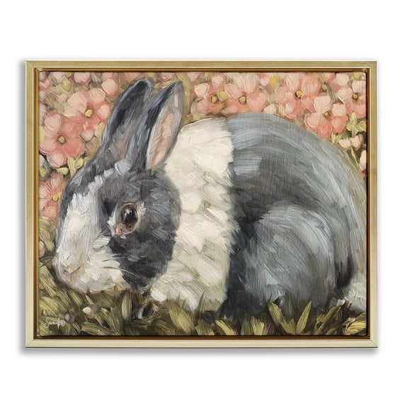 Stupell Industries Shabby Chic Wild Rabbit Pink Blooming Meadow Gold Floating Frame Canvas Art, 31 x 25, by Sara G. Designs