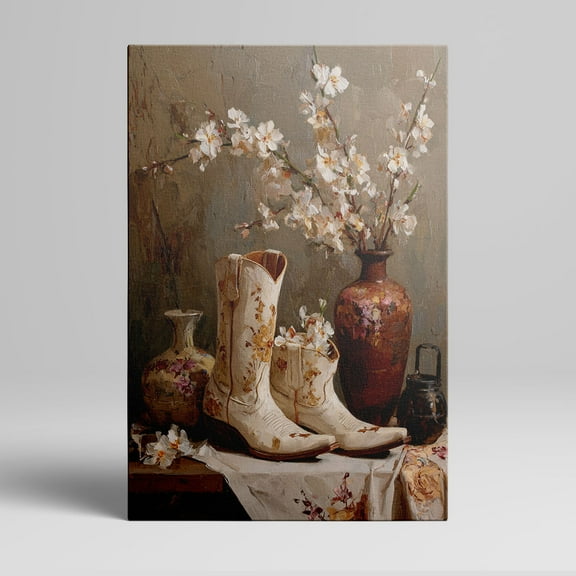 1pc Western - style Still Life Canvas Painting with Embroidered Cowboy Boots, Vases and Blossoming Branches, framed Decor room hanging Wall Picture Decor for Home Gifts, living room, bathroom