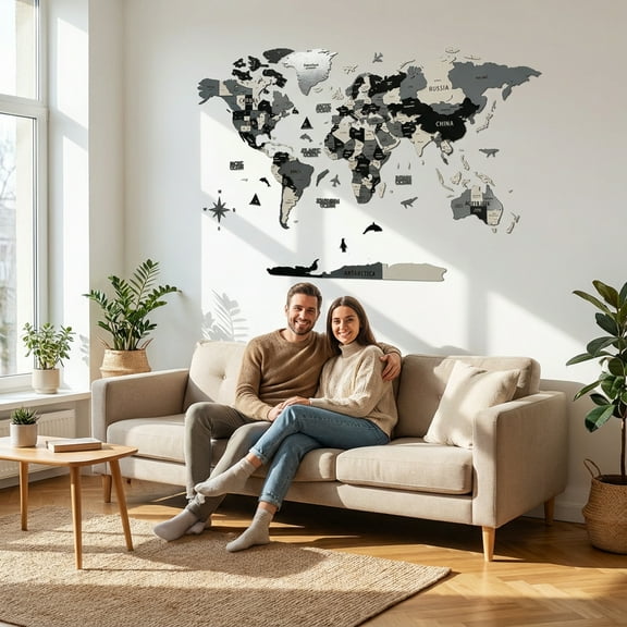 ColorfullWorlds 3D Wood World Map Travel Map Gift Idea Wooden Wall Art (Mixed Gray)