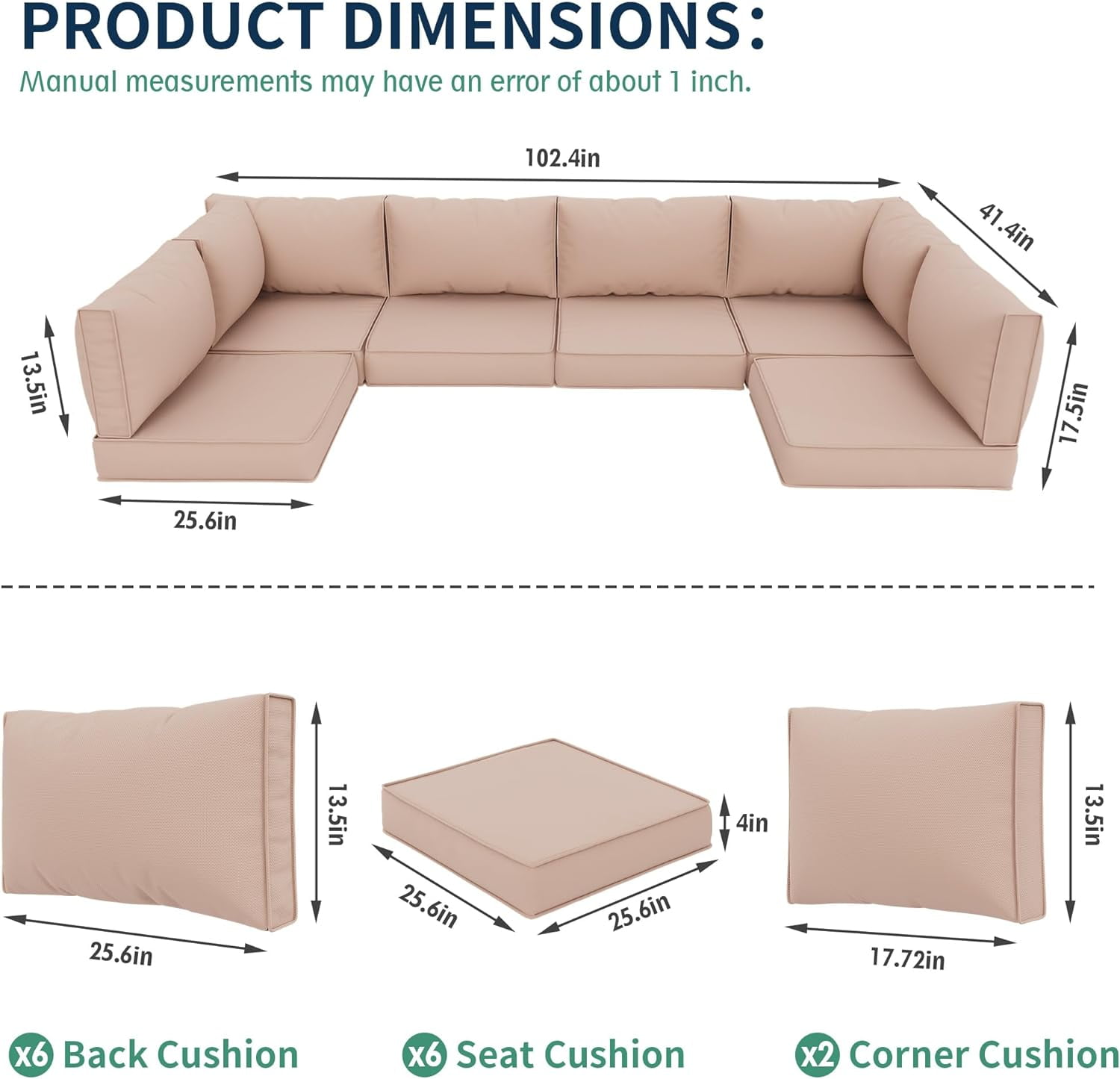 ELPOSUN Outdoor Cushions for Patio Furniture Replacement, Waterproof Patio Furniture Cushions, Deep Seat Patio Cushions, Patio Seat Cushions for Outdoor Sectional (Beige)