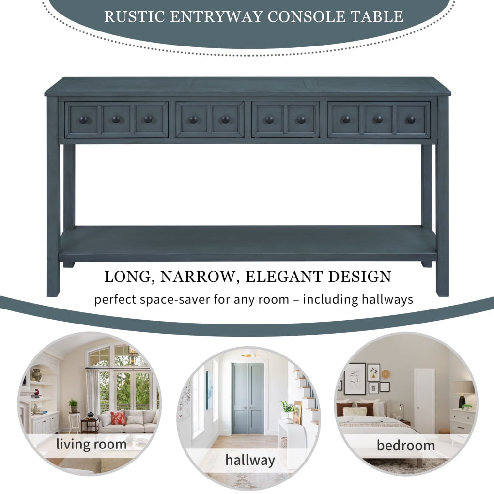 Console Table, Console Tables for Entryway with 4 Drawers and Open Storage Shelf, 60" Long Sofa Table in Solid Wood, Narrow Console Table for Living Room, Couch, Hallway, Kitchen Counter, Navy Blue