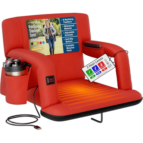 6 Reclining Positions Waterproof 600D Portable Outdoor Chair with Pockets and Carry StrapsRed Heated Reclining Stadium Seat for Bleachers with Back Support
