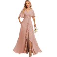thumbnail image 1 of Vestido de dama de honor deamify, cuello en V, manga ondulada, línea A, 1 of 7