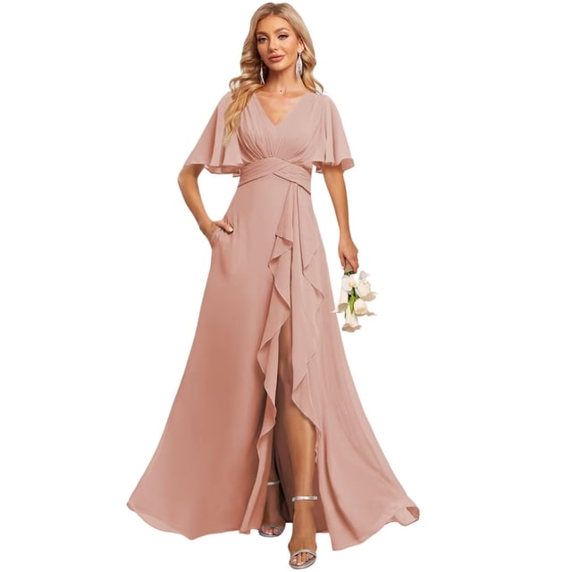 Vestido de dama de honor deamify, cuello en V, manga ondulada, línea A