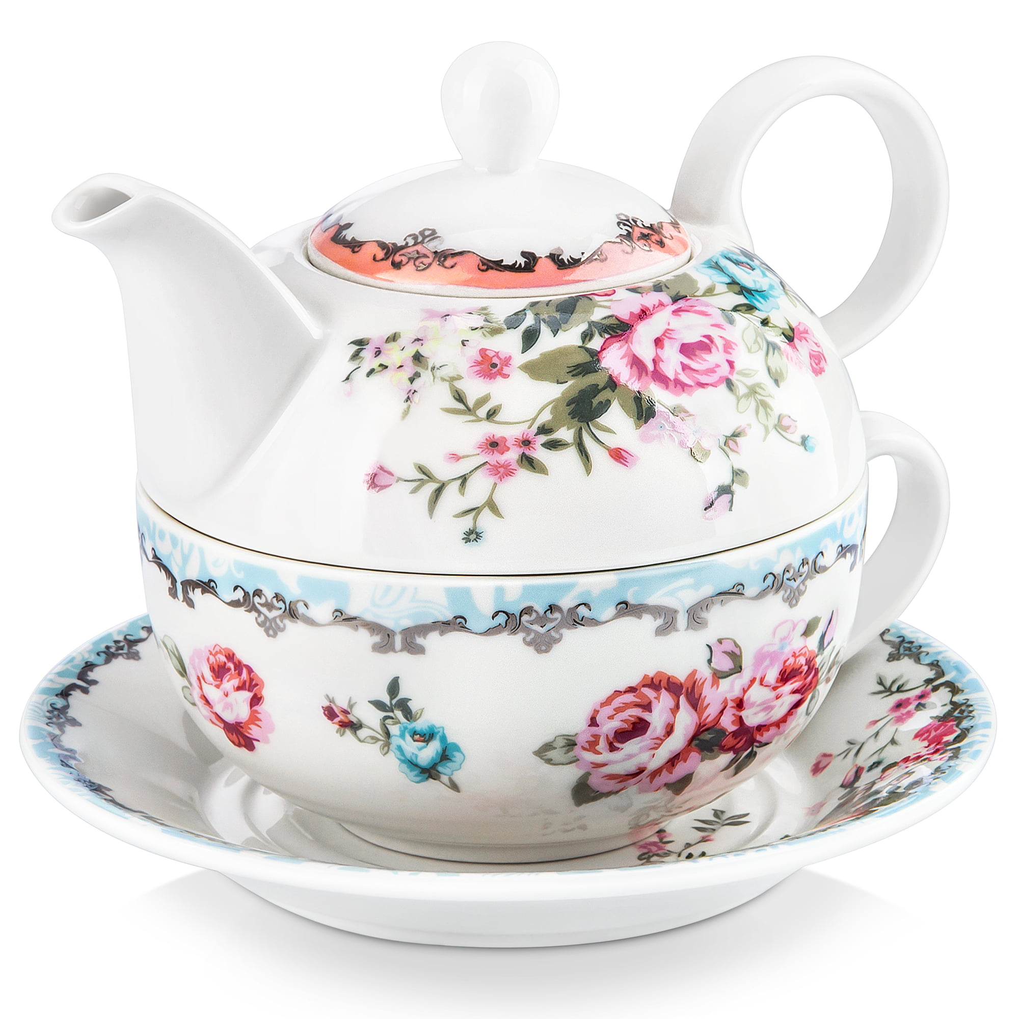 Series Sweet.time MALACASA 1-Piece 5.5 Cup and 1-Piece 6 Saucer 4-Piece Tea-for-one Set Cream White Porcelain China Ceramic Combi-Set with 1-Set 6.7 Teapot with The Lid 