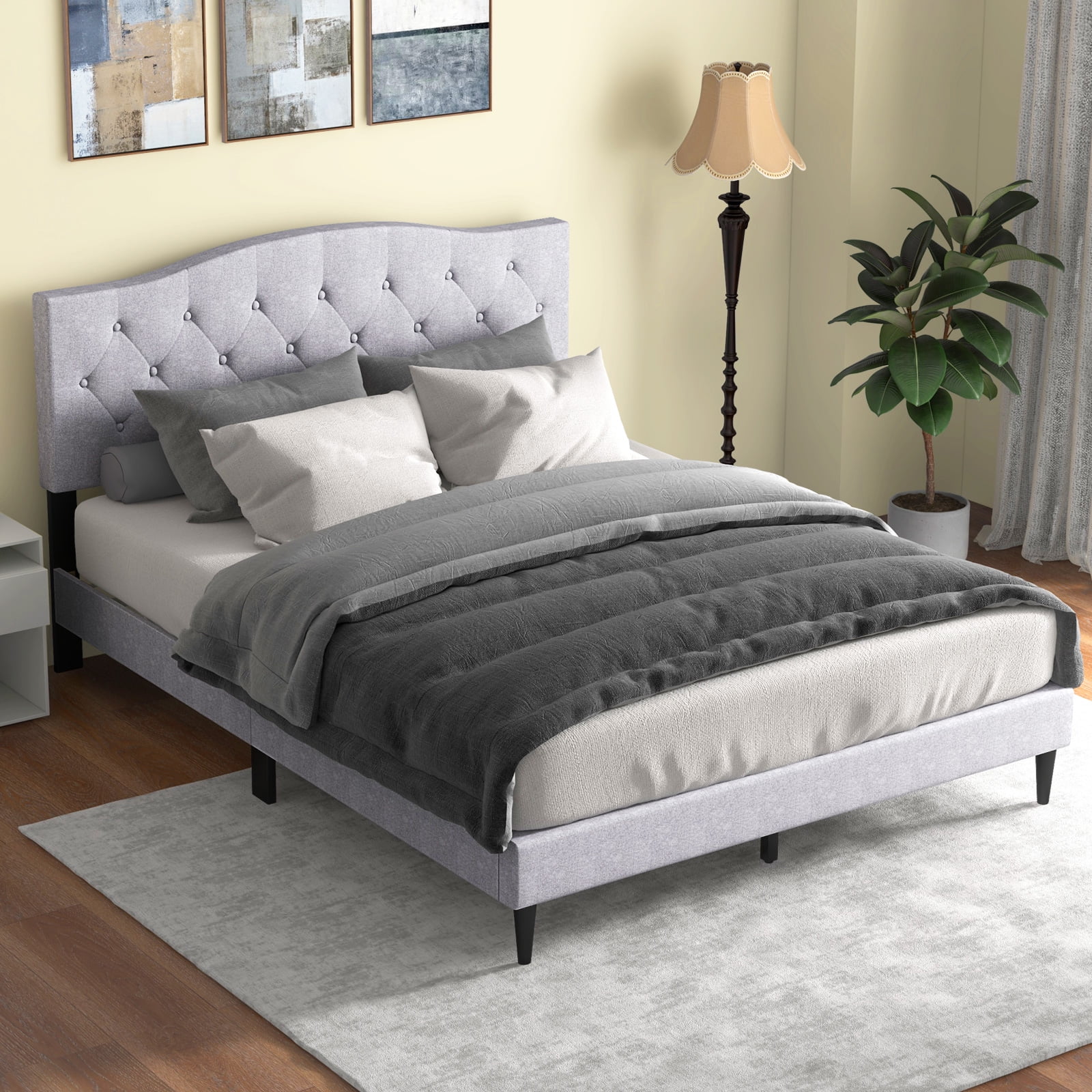 Infans Queen Size Upholstered Platform Bed Linen Bed Frame w/ Button Tufted Headboard