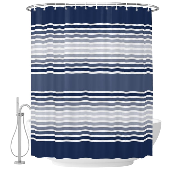 Small Stall Shower Curtain 48x72 Inch Narrow Half Size Navy Blue Striped Bath Curtains Bathroom Decor, Blue Ombre Farmhouse Stripes Waterproof Fabric Shower Curtain Set with Hooks 48 Inch
