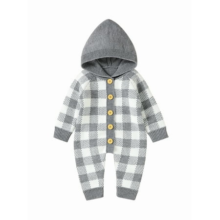 

Toddler Baby Boys Girls Casual Plaid Long Sleeve Button Romper Hooded Knit Jumpsuit