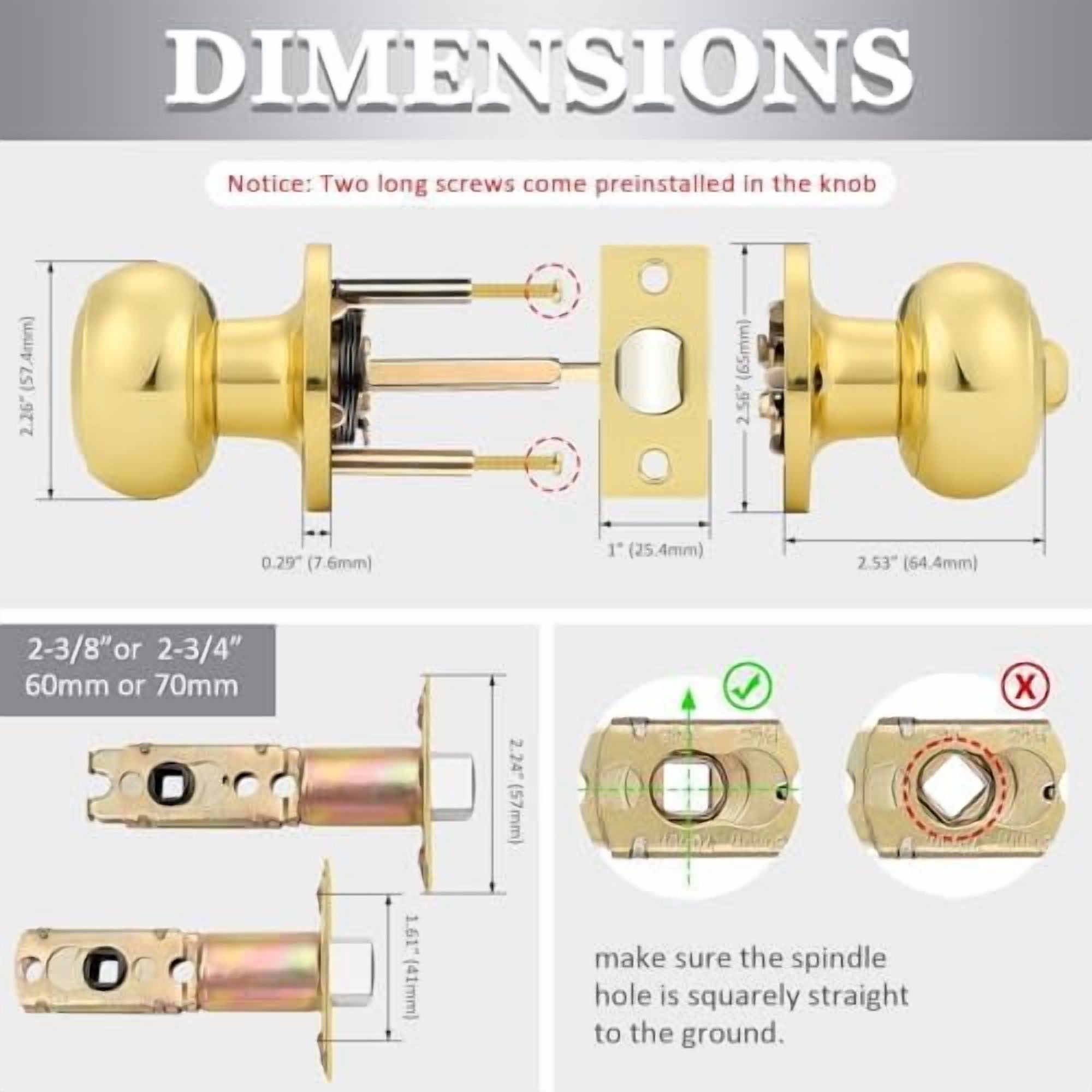 Privacy Door Knobs Lock Interior Bedroom Bathroom Door Handle Polished Brass Round Ball Keyless Lockset 2 Pack