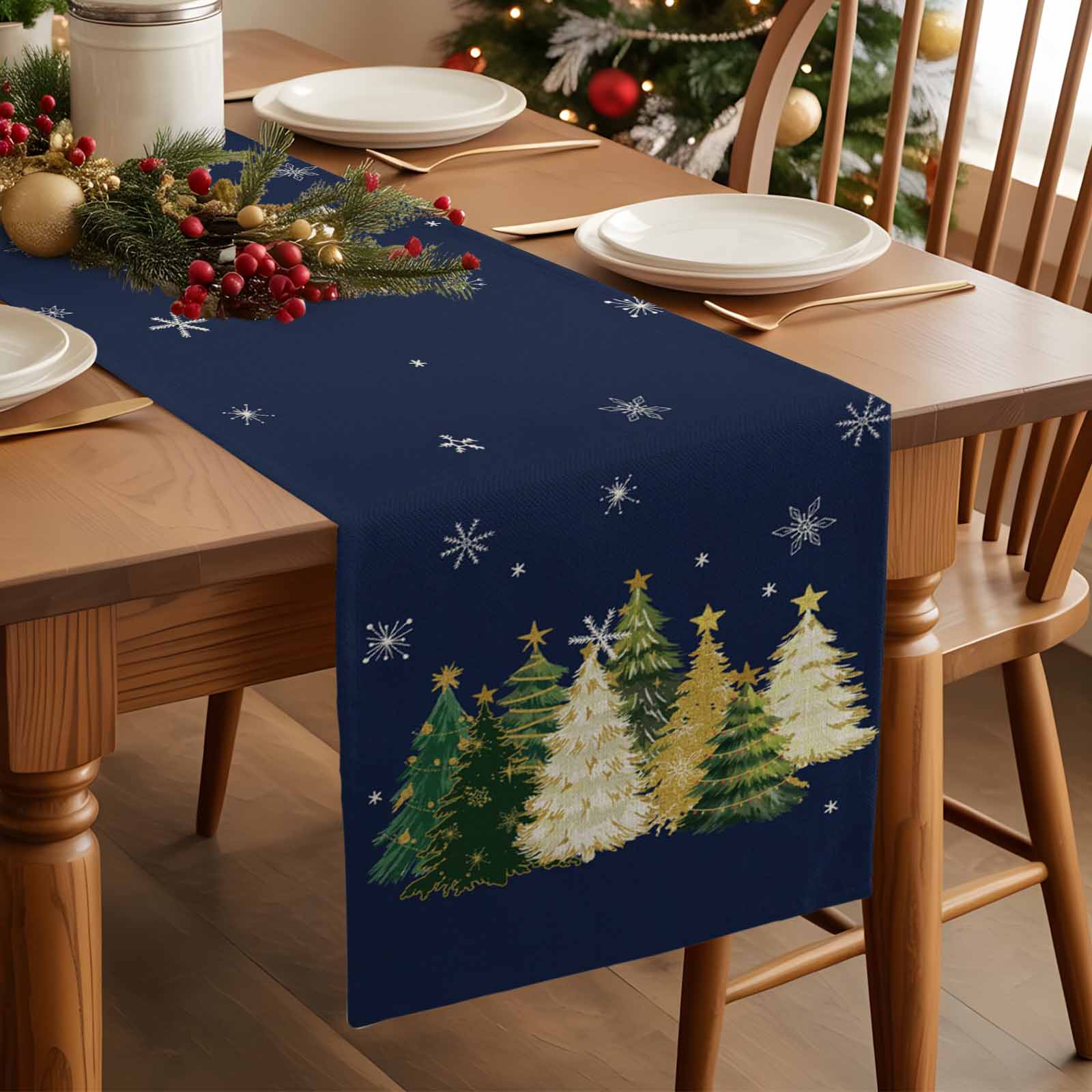 Navy Blue Christmas Dresser Scarf Farmhouse, Dining Table Decorations for Wedding/Parties, Xmas Tree Snowflake Table Runner 72 Inches Long for Kitchen Dining, 14 x 72 In