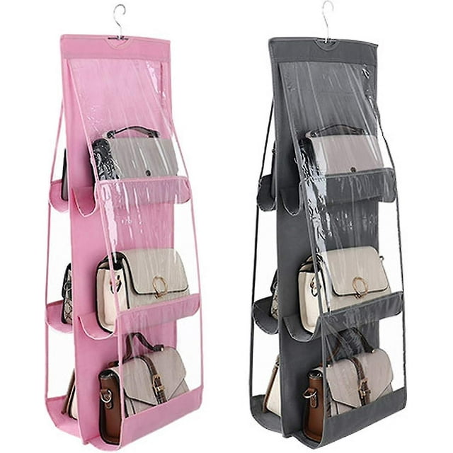 2pcs 6 Hanging Pockets, Transparent Compartments For Bag Storage, Hanging Pockets For Handbag Storage Hanging In Closet And Bedroom Gray + Pink