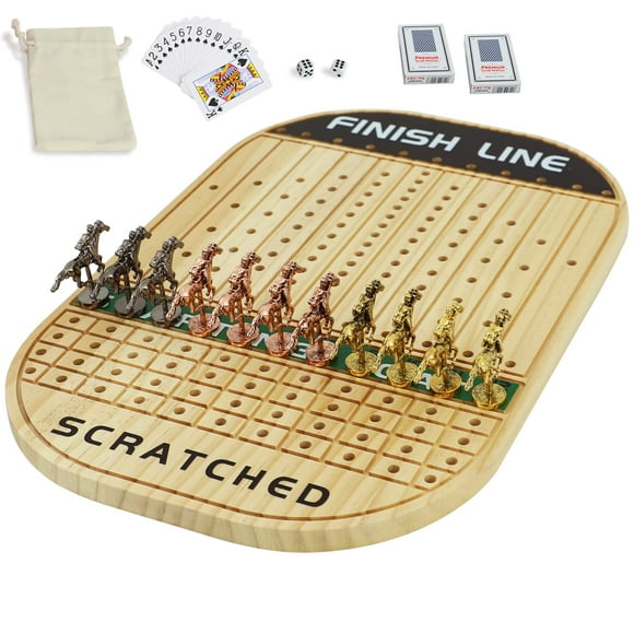 Jyquorp Horse Race Board Game - Thickened Solid Wood With 11 Luxurious Durable Classic Metal Horses, 4 Dice, 2 Boxes of Cards (Log Color, Oval)