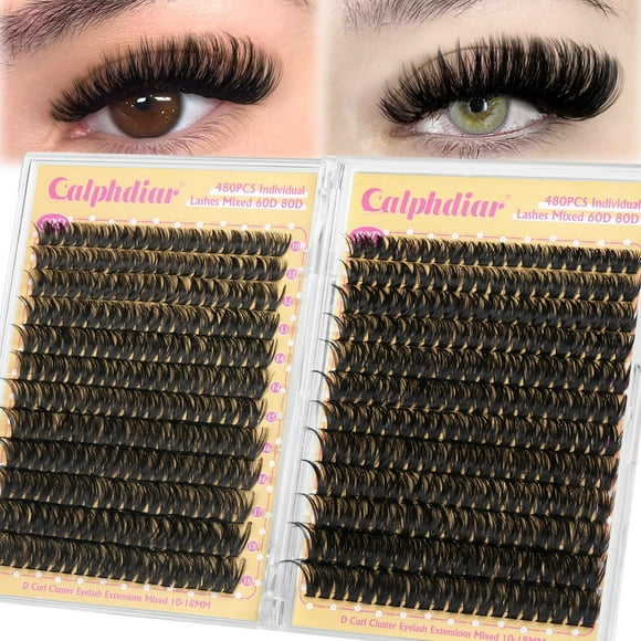 Eyelash Clusters calphdiar 60D+80D de grosor, 480 unidades, 10-18 mm