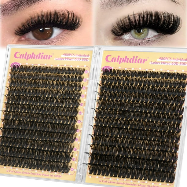 Eyelash Clusters calphdiar 60D+80D de grosor, 480 unidades, 10-18 mm