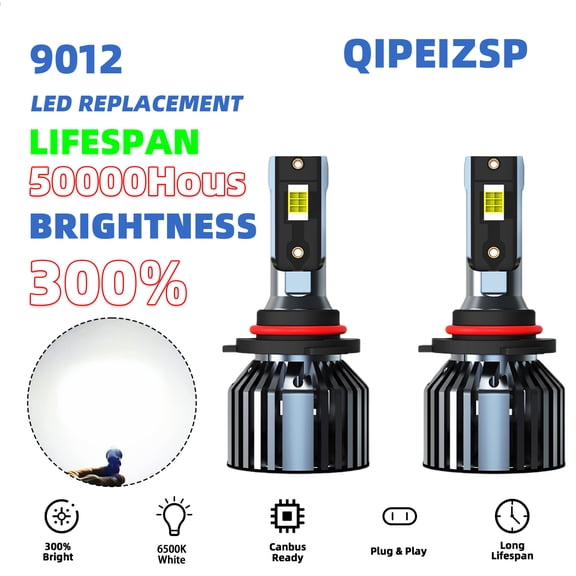 QIPEIZSP Fit for Chrysler 200 2011-2015 9012 LED Headlight Bulbs High/Low Beam Cold White 6500K Bright,Plug And Play,Pack of 2
