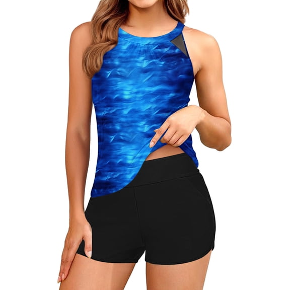 Aboser Women's High Waisted Tankini Swimsuits High Neck Swim Top with Boyshorts Bathing Suit Two Piece Tummy Control Swimwear Summer Beach Tankini Sets Blue L