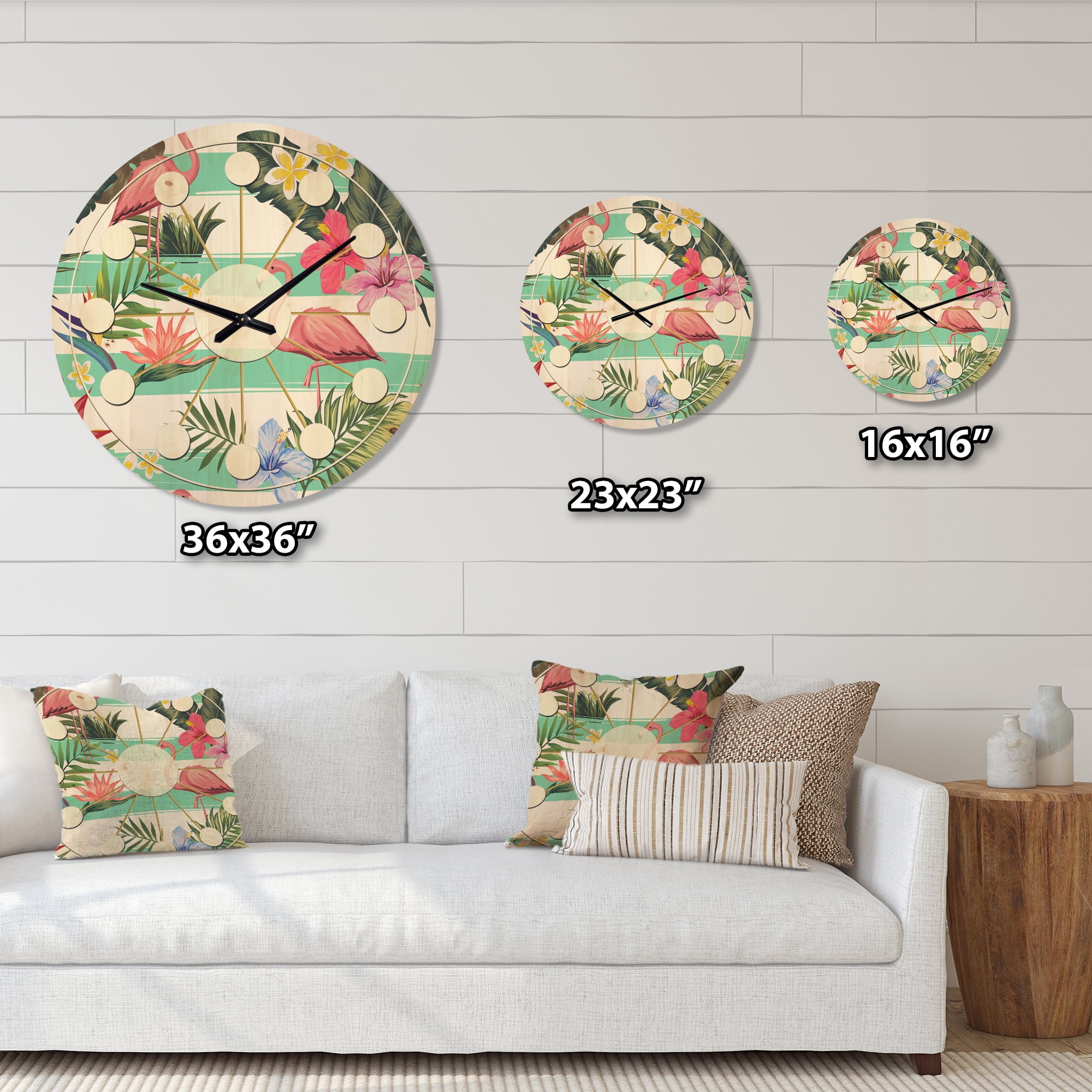 Designart 'Tropical Botanicals, Flamingo and Flowers' Mid-Century Modern Wood Wall Clock