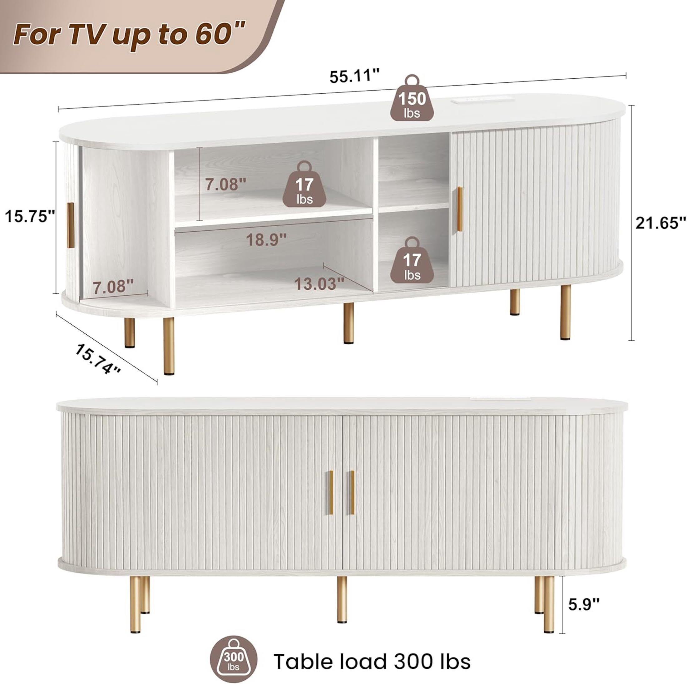 AISWORD 55 Inch TV Stand with Power Outlet for TVs up to 60 Inch, Entertainment Center with Storage and Adjustable Shelves, Media Console with Sliding Doors for Living Room, White