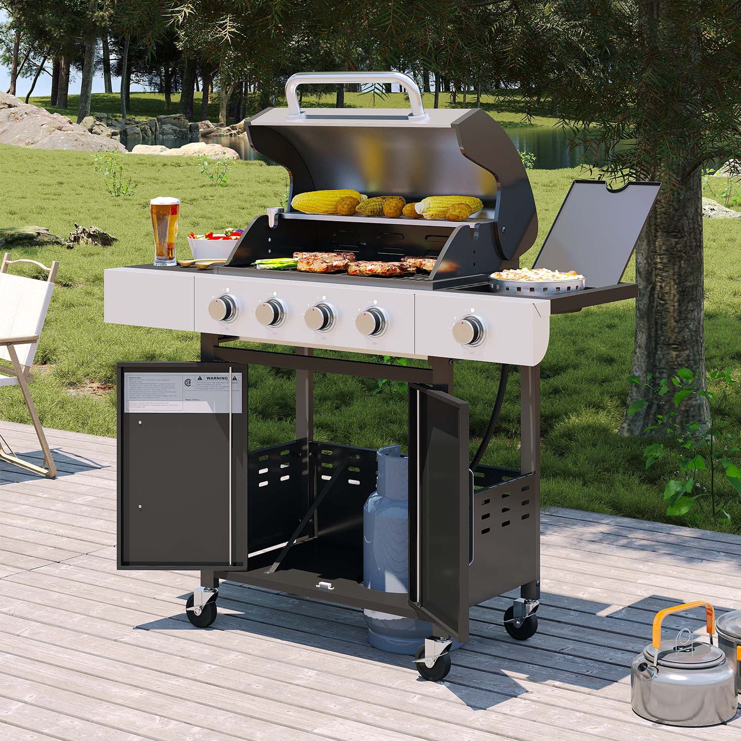 Clouddwell 4 Burner Gas Propane Grill, with 4 Casters, Side Table, and Thermometer, Patio Garden BBQ Grill Perfect for Camping, Black and Silver