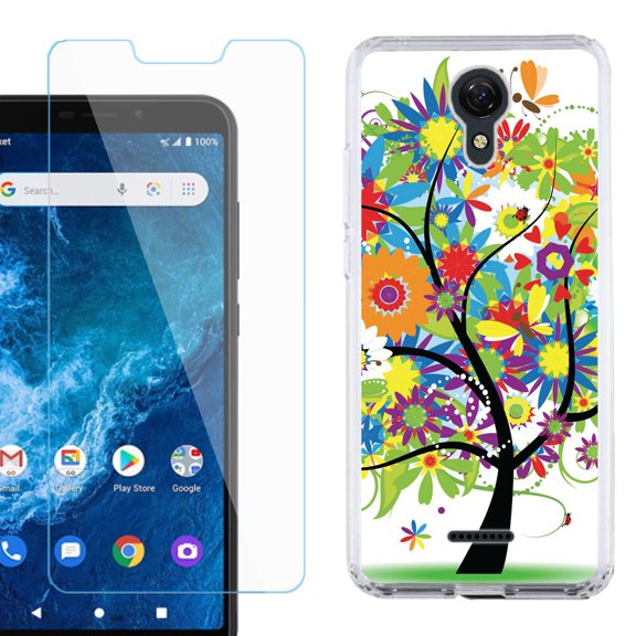 Slim-Fit Protective Phone Case compatible with Cricket Icon 2, with Tempered Glass Screen Protector, by OneToughShield ® - Colorful Tree
