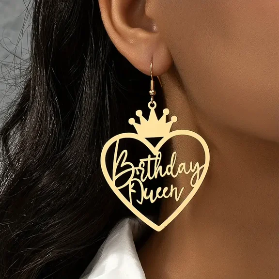 Golden Hollow Heart Birthday Queen Letters Design Dangle Earrings Elegant Simple Ear Jewelry Birthday Gift For Friends