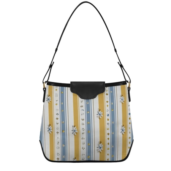 Yellow Blue Stripes with Flowers Women's Tote Bag Convertible Handbags Hobo Shoulder Bag with Zipper Magnetic Snap
