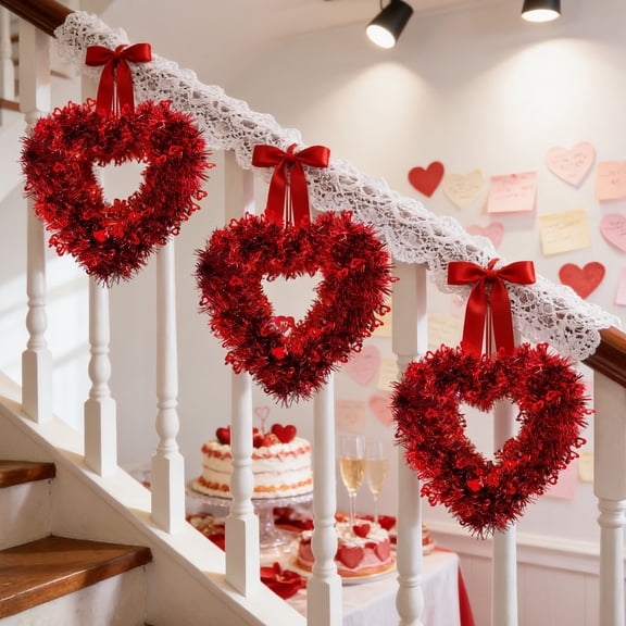 Valentine Wreath Glitter Red Love Heart Shaped Garland Hanging Decorations for Valentine's Day Wedding Decorative Wreath Ornament Front Door Confession Props
