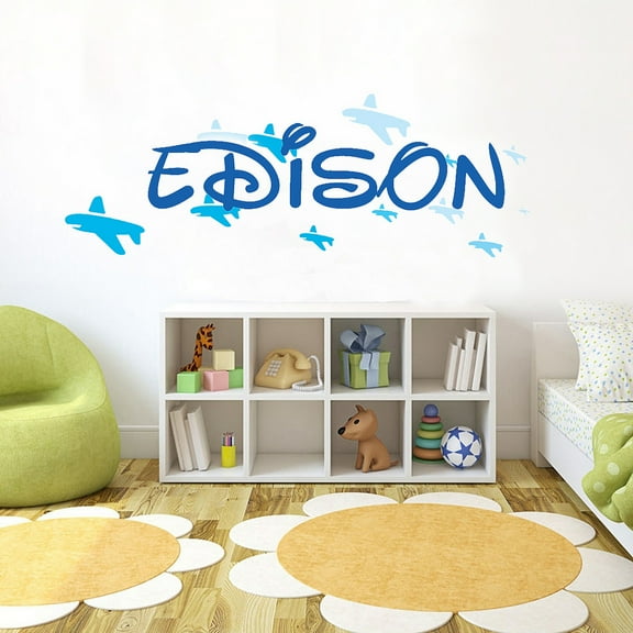 BLUE Airplane Font2 h8" Made-to-Order Baby Name Kid Room Nursery Wall Art Clear Vinyl décor Decal Sticker