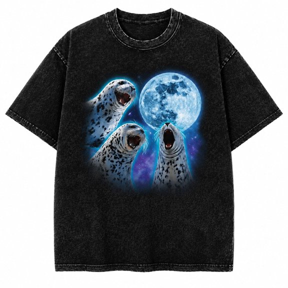 Moonlit Howling Seals Washed T-Shirt, Unisex Classic Fit, 100% Heavyweight Cotton, 180 GSM, Front Graphic