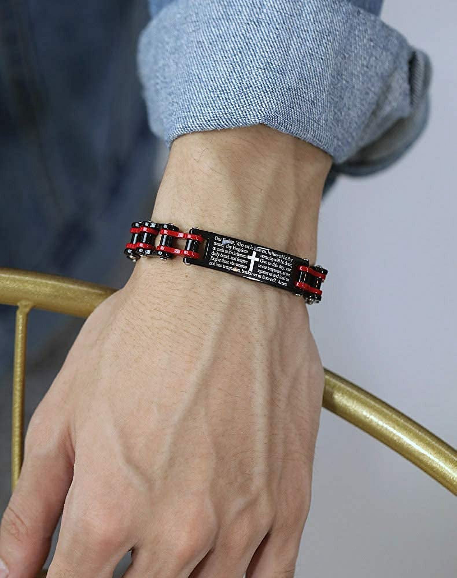 Mens Motorcycle Bike Link Chain Lord's Prayer English Christian Cross Bracelet Size 8 Inch or Size 9 Inch (Red, 8 Inch)