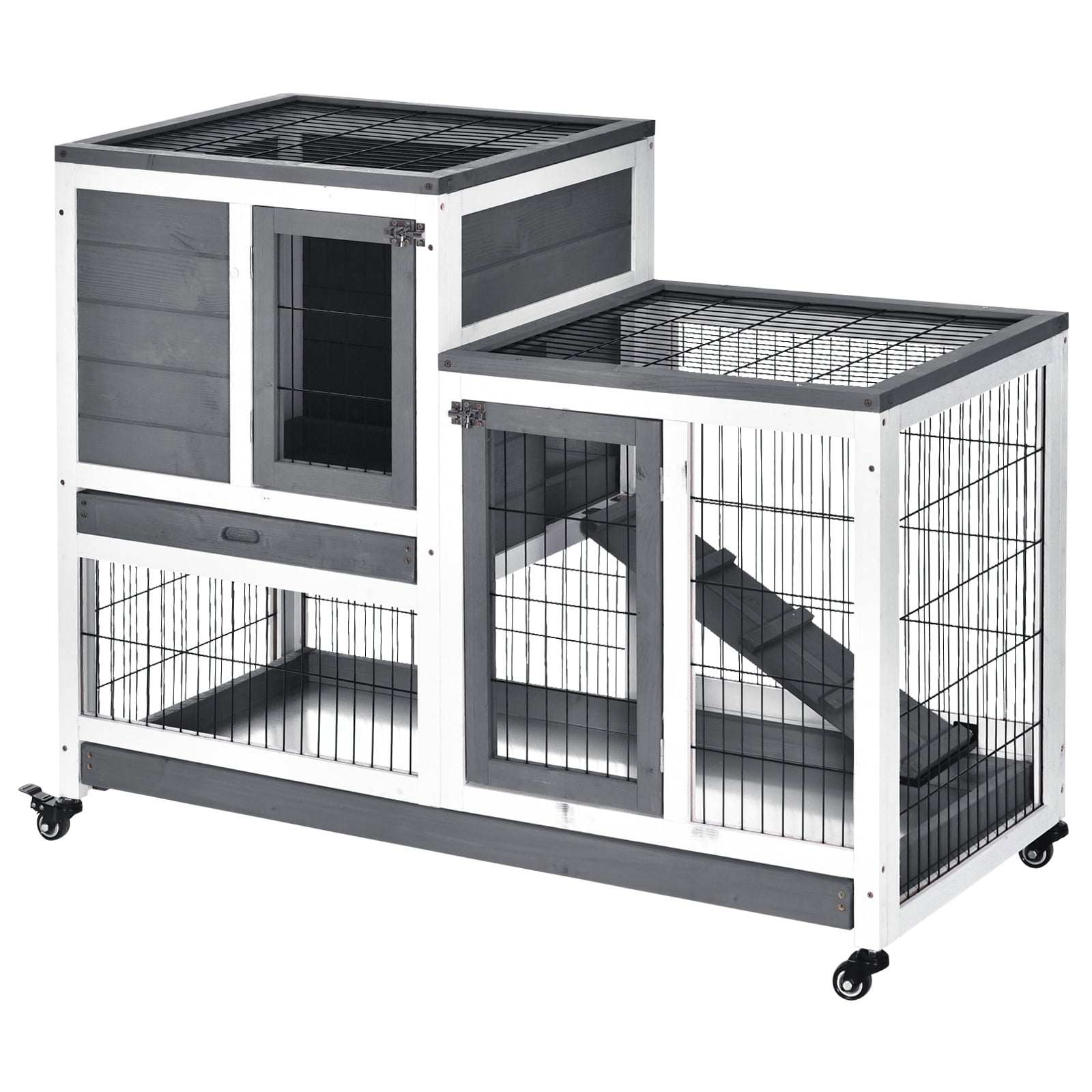 Wooden Rabbit Hutch Elevated Bunny Cage Indoor Small Animal Habitat with Enclosed Run with Wheels, Ramp, Removable Tray for Rabbits, Chickens, Ducks, Guinea Pigs, Gray