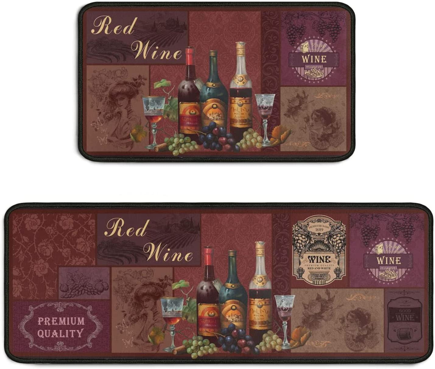 2 Piece Red Wine Kitchen Rug Set, Wine Glasses Kitchen Rugs and Mats