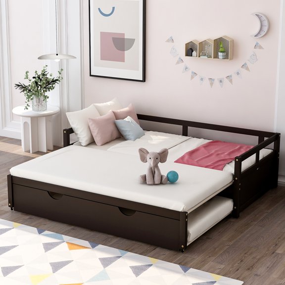 [US IN STOCK] Extending Daybed with Trundle, Wooden Daybed with Trundle, Espresso