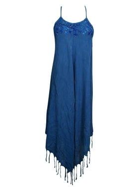 Mogul Womens Royal Blue Gypsy Dress Tassel Hem Uneven Sequin Work Strappy Rayon Summer Hippie Chic Sundress