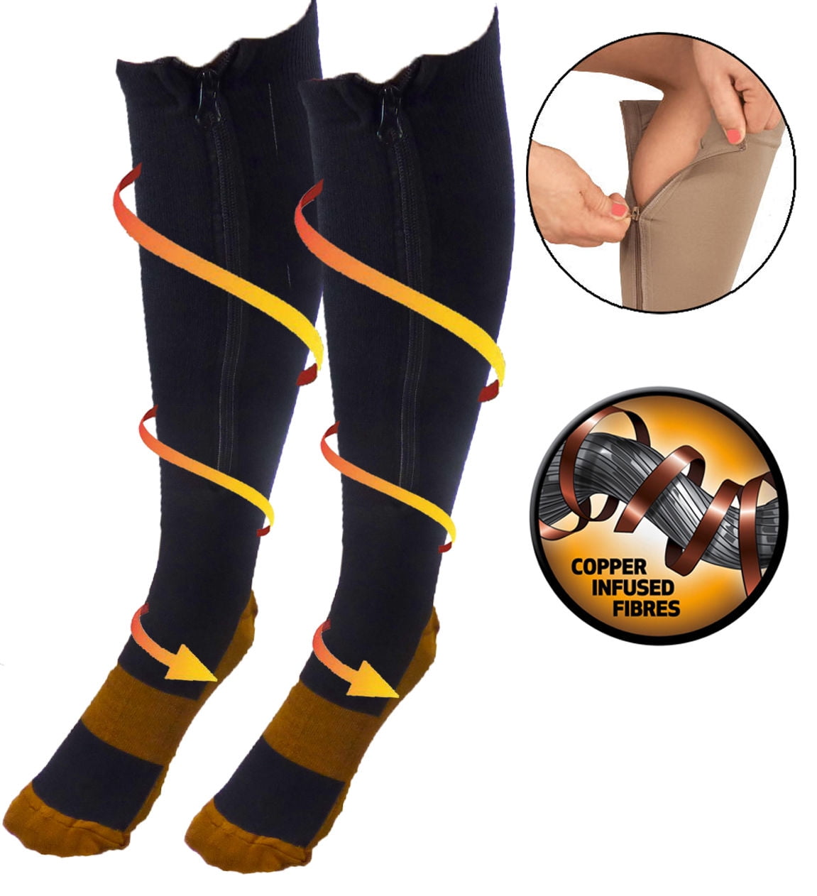 Copper Infused Zipper Compression Socks Closed Toe Zip Up Circulation Pressure Stockings