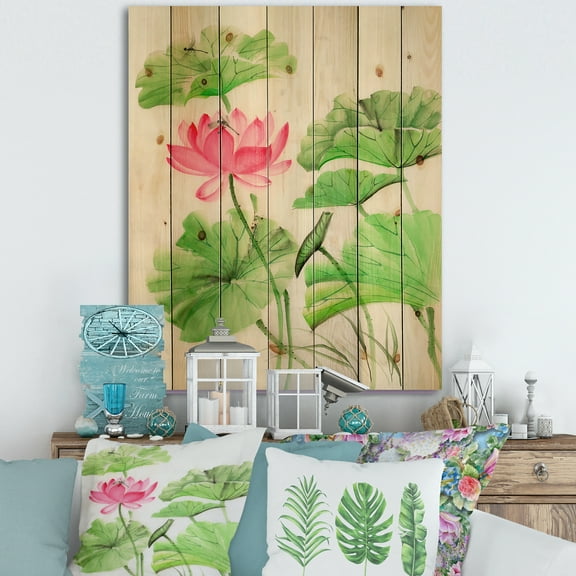 Designart 'Dragonfly and Lotus' Traditional Print on Natural Pine Wood