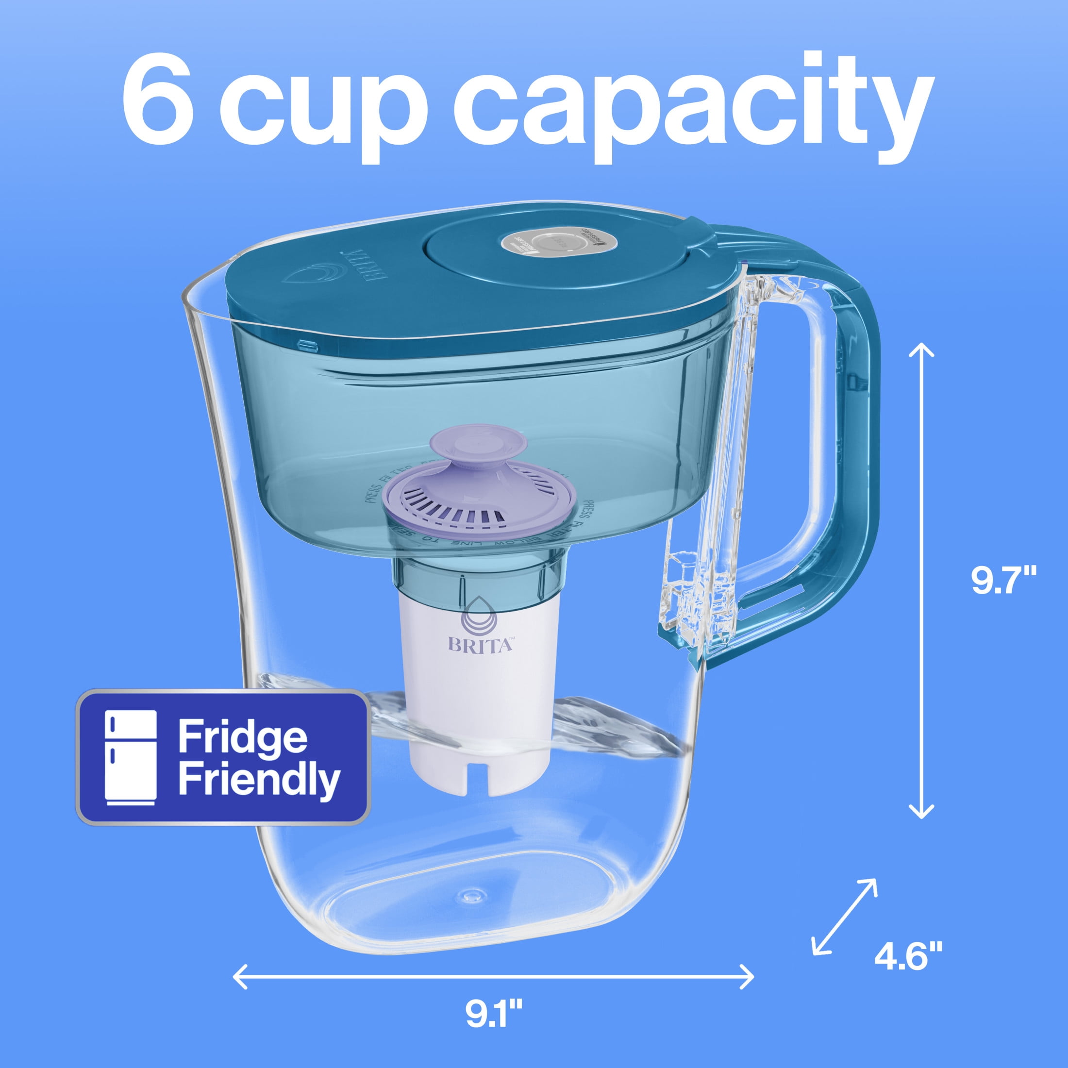 Brita Small 6 Cup Transparent Teal Denali Water Filter Pitcher with 1 Brita Standard Filter