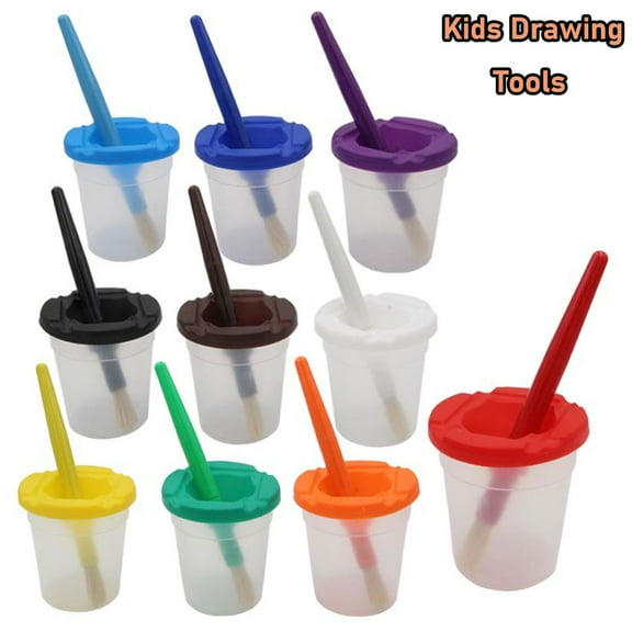 SagaSave 10Pcs Paint Brushes and Spill Proof Paint Cups for Kids Paint Projects Art Craft Painting