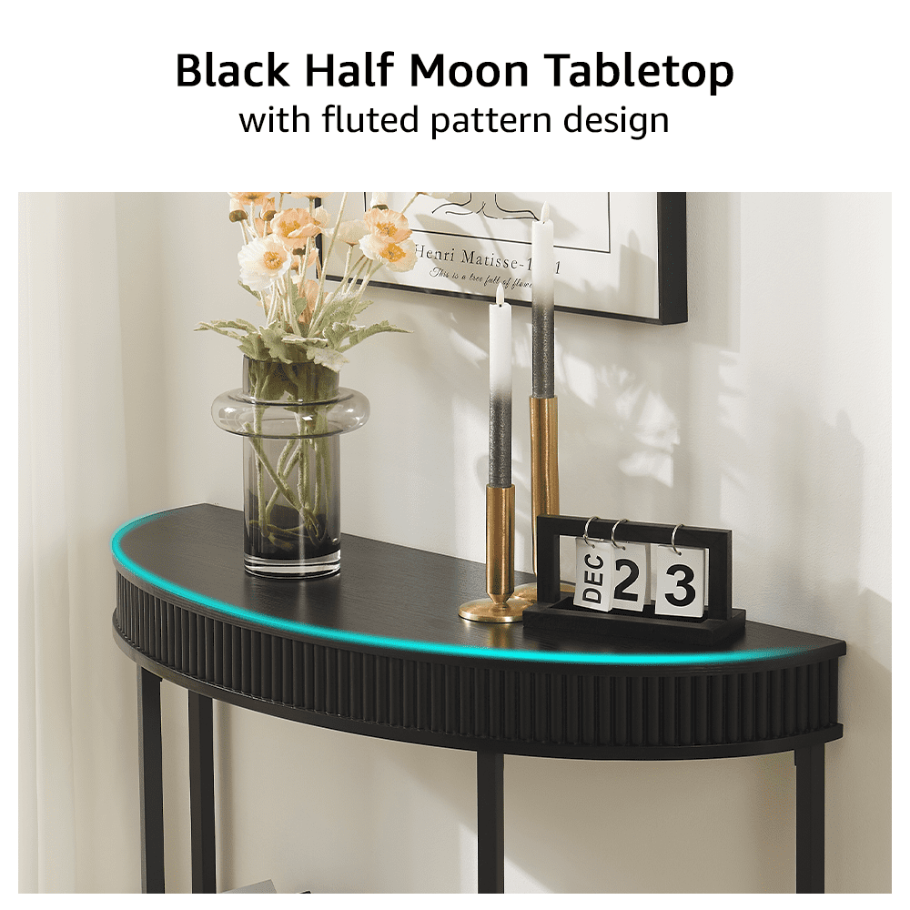Rosary Blenn Fluted Half Moon Console Table, Modern 2-Tier Black Entryway Console with Storage
