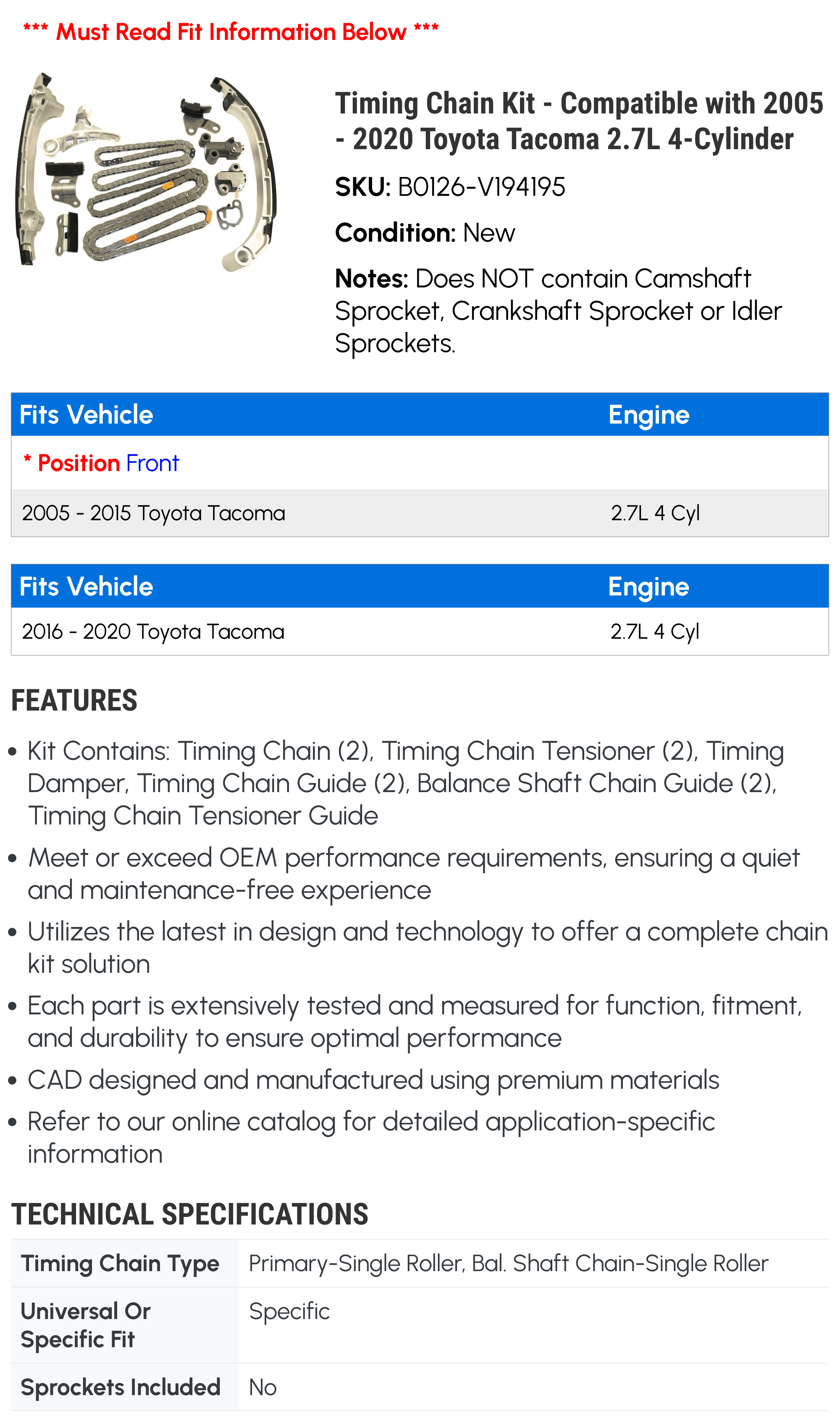 トヨタ・タコマ2.7 L 2 TRFE用ダイヤモンドパワータイミングチェーンキット交換用