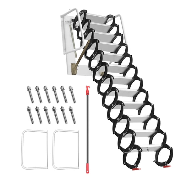 12 Steps Attic Stairs Pull Down System Telescopic Fold Ladder, 1102lbs Al-Mg Alloy Attic Staircase,Attic Ladder for Attics, Garages, Roofs, Basements, Black White