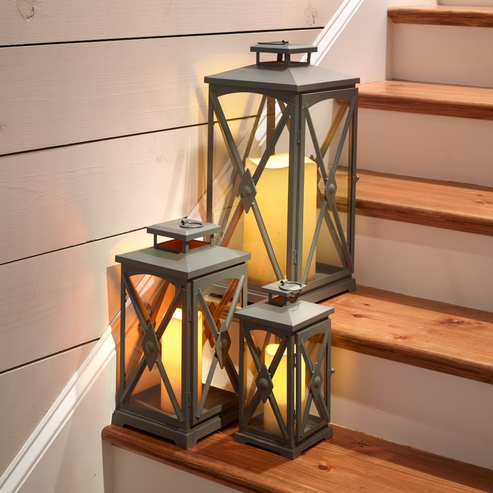 3PC Indoor/Outdoor Black Powder-Coated Steel and Tempered Glass Lanterns 3PC Indoor/Outdoor Black Powder-Coated Steel and Tempered Glass Lanterns