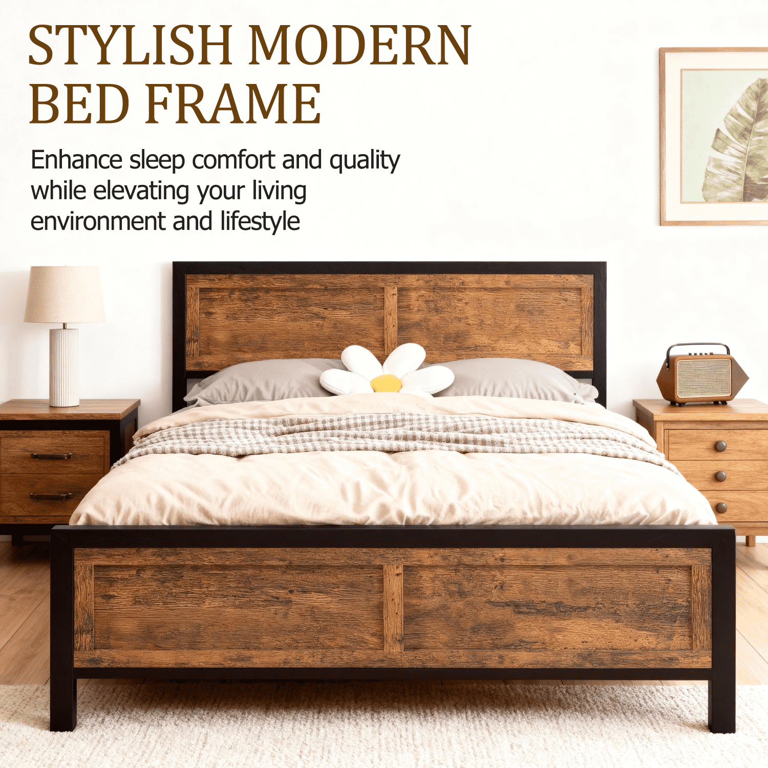 Vipbear Brown Sturdy Heavy-Duty Metal Queen Size Bed Frame With Headboard And Footboard, 10in Under-Bed Storage,Concealed Screw,Quiet,Easy To Assemble