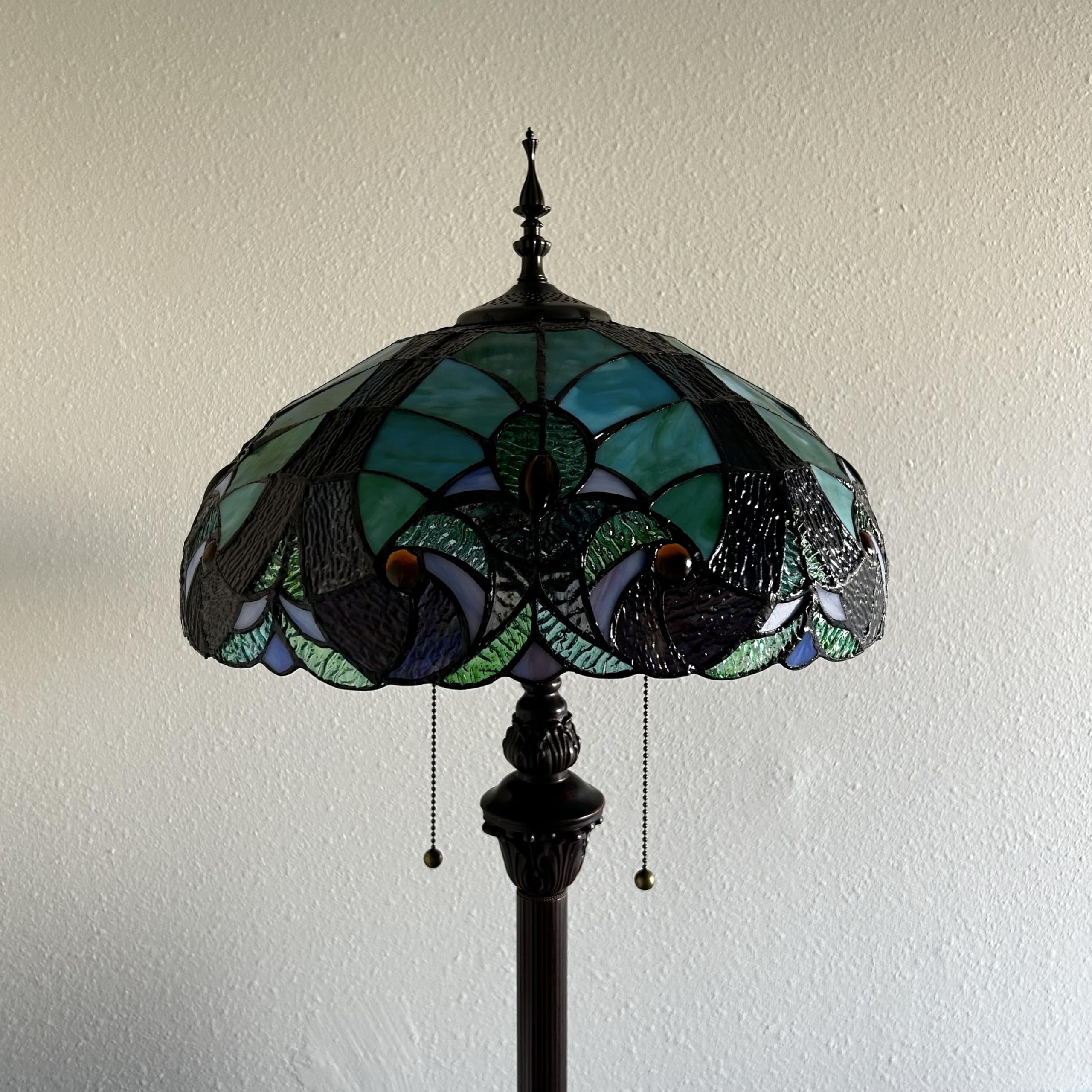 Tiffany Floor Lamp Green Brown Stained Glass LED bulbs included Pull Chain Switches For Living Room Bedroom Bedside 16"W*16"D*64"H