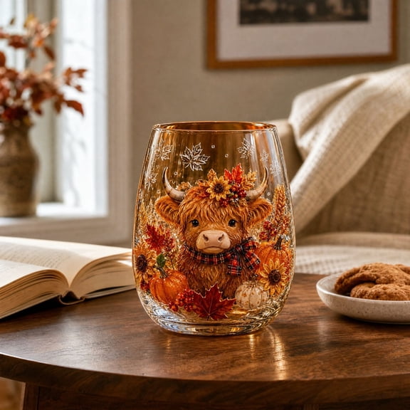Fall Themed Stemless Wine Glass, Harvest Pumpkin Maple Leaf Printed Tumbler, Thanksgiving Decorative Drinkware Gift, Highland Cow Harvest