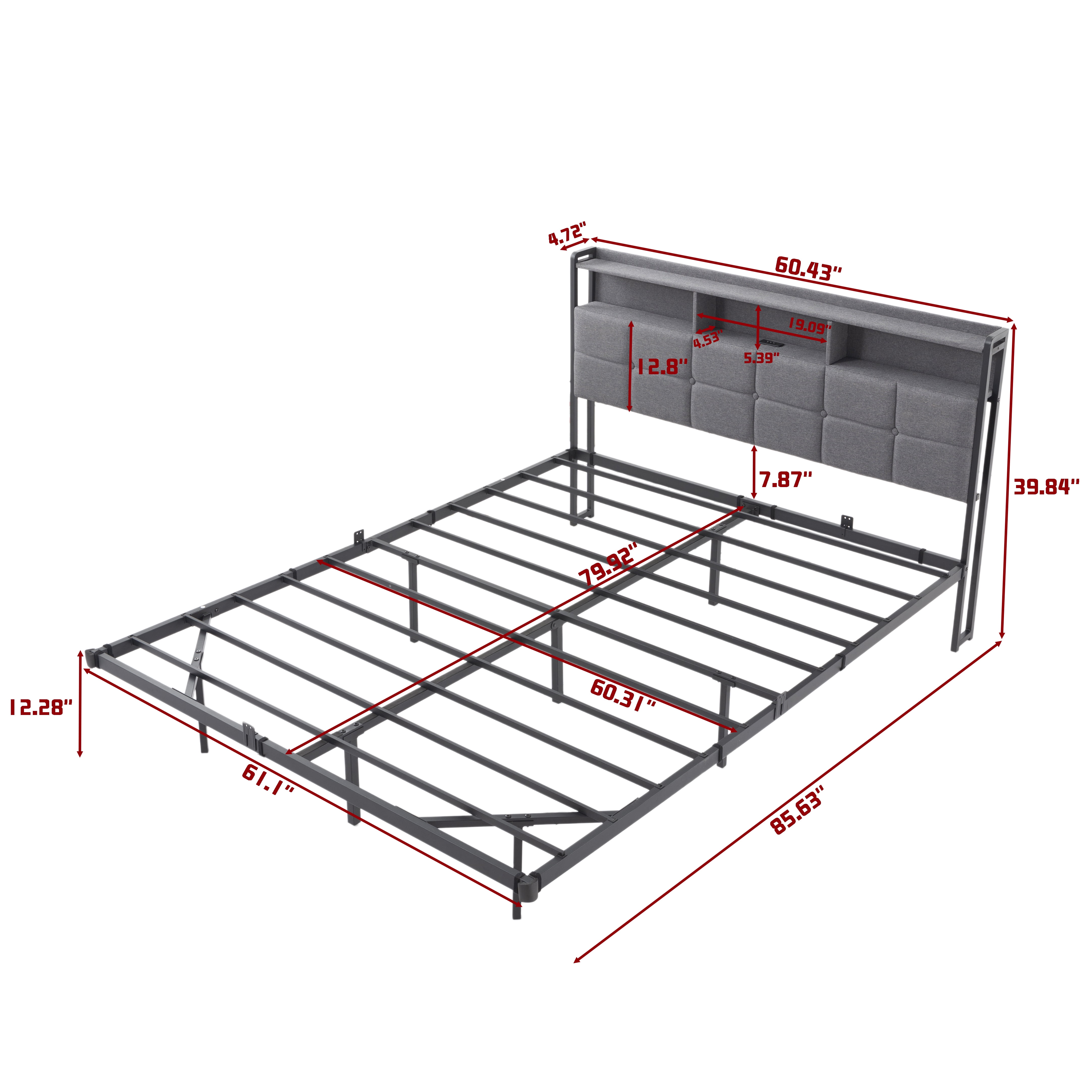 Gewnee Queen Size RGB LED Bed Frame with Charging Station, Shelf, Padded Headboard, Metal Platform, No Box Spring Needed for Bedroom, Gray