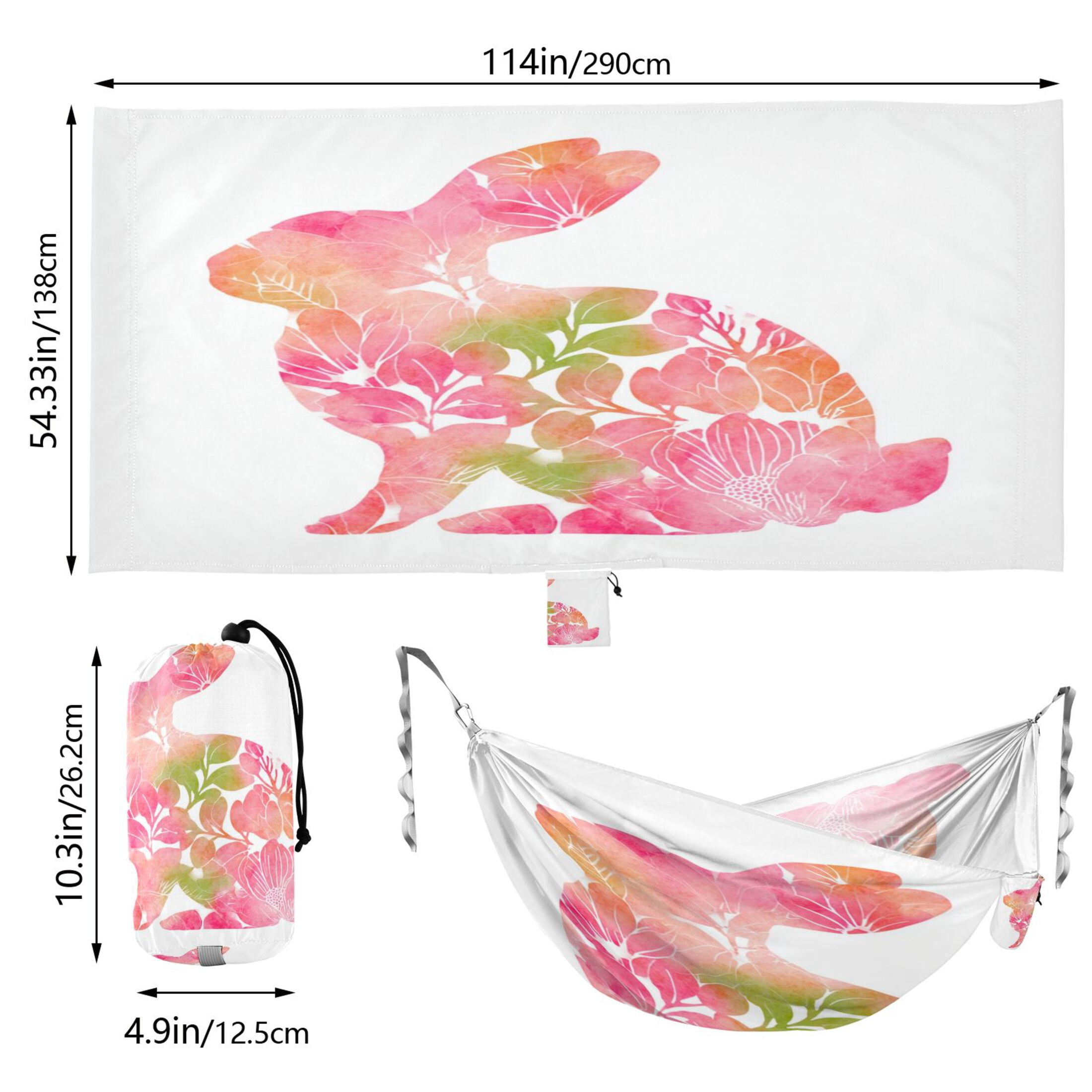 Hanging Hammock Portable Travel Camping For Outdooor Beach Camping Hiking Green Watercolor Floral Bunny