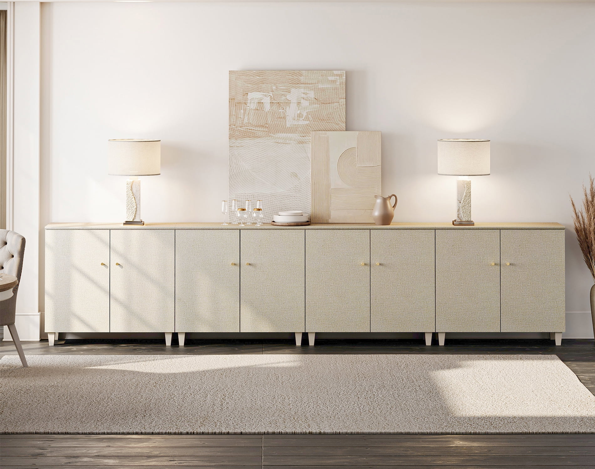 WAMPAT TV Stand Cabinets for 110+ Inch Flat Screen, 4-in-1 Modern Highboy Wooden Entertainment Center with 12 Compartments, Dark Beige