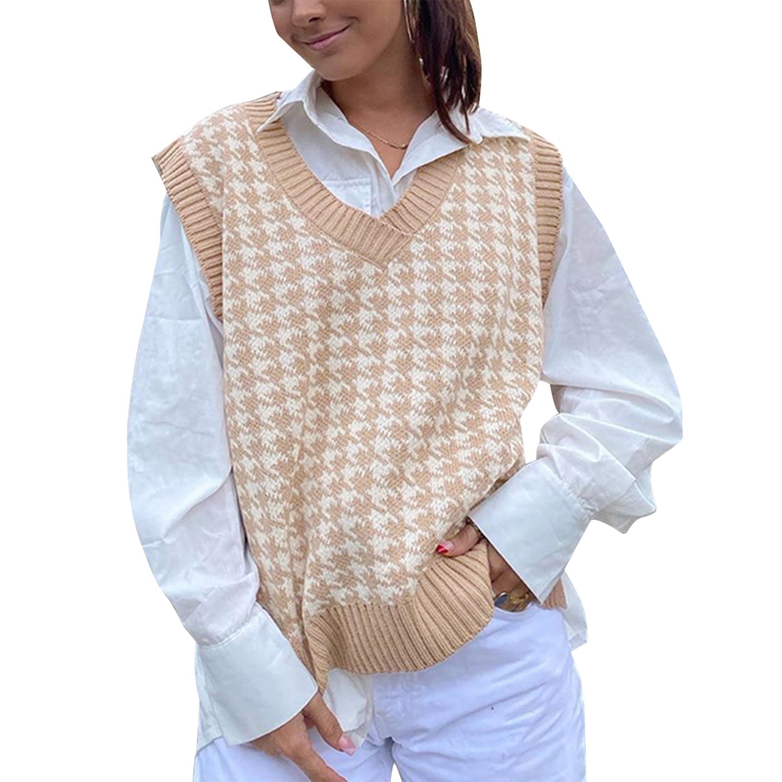 Plaid Knitted Button Sweater Vest Female Style Y2K Clothes V Neck Casual 90s Knitwear